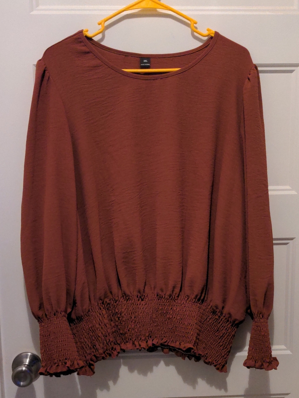 SHEIN Rust Terracotta Long Sleeve Smocked Waist Blouse Top 2XL